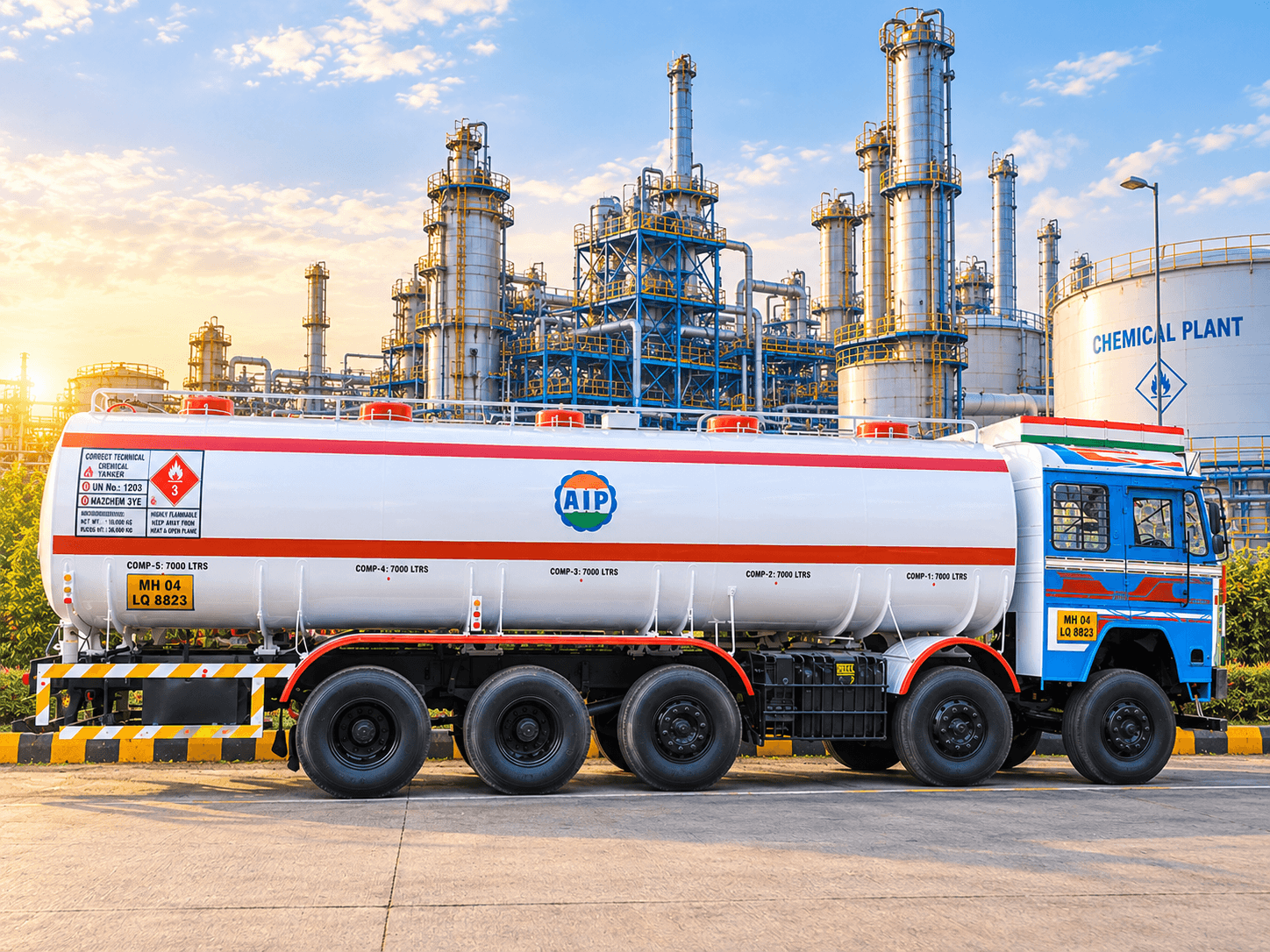 Side view of a blue-and-white liquid tanker at a chemical plant